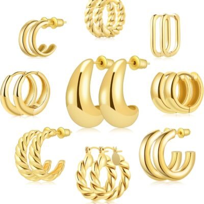 9 Pairs Gold/Sterling Silver/Rose Gold Plated Hoop Earrings Set for Women Trendy Chunky Gold Hoops 14K Real Gold Plated Small  Ball Earrings for Sensitive Ears Non Tarnish Jewelry