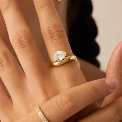14K Gold Plated Premium Cubic Zirconia Square Solitaire Engagement Ring for Women | Unique Wavy Band Promise Ring | Fake Wedding Ring